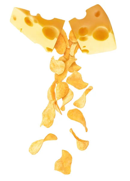 Chips Vallen Uit Een Stuk Kaas Een Witte Geïsoleerde Achtergrond — Stockfoto