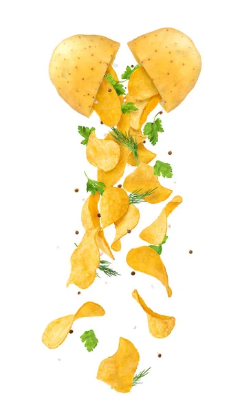 Chips Met Specerijen Kruiden Vallen Uit Aardappelen Een Witte Geïsoleerde — Stockfoto