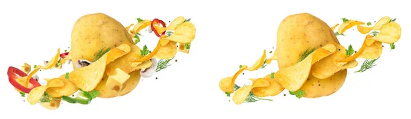 チップ チーズ ベルペッパー ハーブ スパイスに囲まれた2つのジャガイモのセット — ストック写真