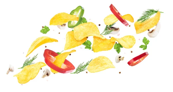 Chips Gyógynövényekkel Fűszerekkel Harangpaprikás Szeletekkel Fehér Alapon — Stock Fotó