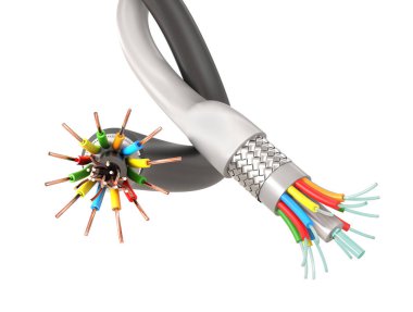 Beyaz izole arkaplanda elektrik ve fiber optik kablo