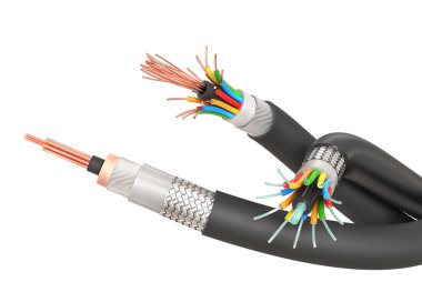 Beyaz yalıtılmış arka planda iki elektrik ve fiber optik kablo.