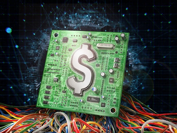 E-money. Electronic print board with chip in form of dollar sign. 3d illustration