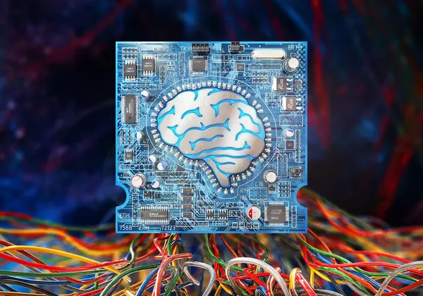 Digital brain. Electronic chip in form of human brain. 3d illustration