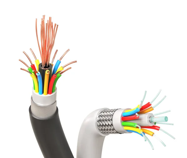 Elektrisk Och Fiberoptisk Kabel Vit Isolerad Bakgrund — Stockfoto