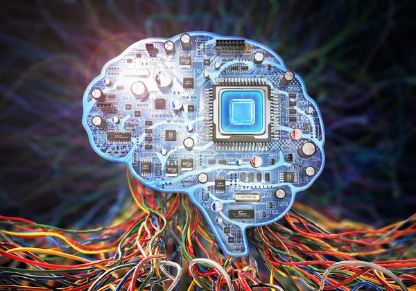 Digital brain. Electronic print board in form of human brain with computer chip. 3d illustration
