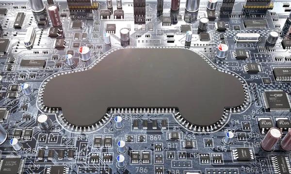 Car electronic. Electronic print board with computer chip in shape of car. 3d illustration