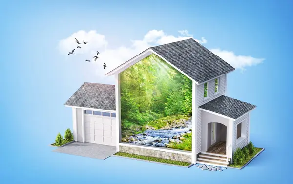 生态建筑概念 房子里的自然 3D说明 免版税图库照片
