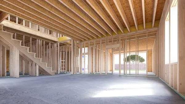 内部组装的框架房子 3D说明 免版税图库图片