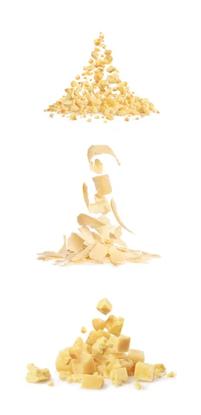 一套白色背景的Parmesan奶酪幻灯片 免版税图库照片