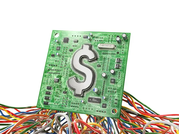 Money Elektronická Tisková Deska Čipem Formě Dolarového Znaku Ilustrace Stock Snímky