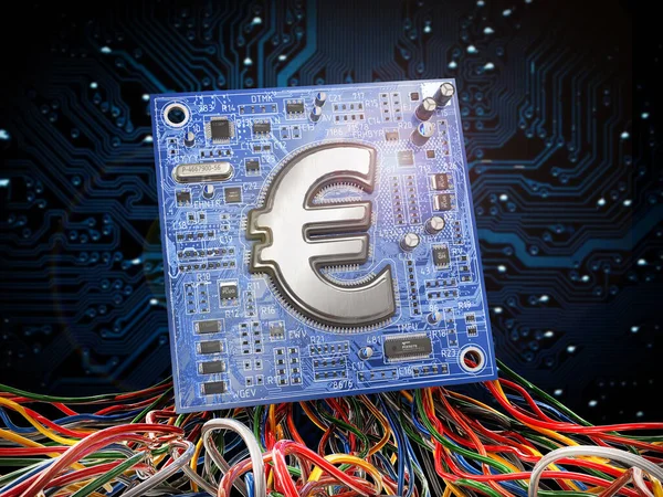 Money Scheda Stampa Elettronica Con Chip Forma Cartello Euro Illustrazione Immagine Stock