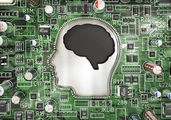 Digitales Gehirn Elektronische Druckplatte Mit Computerchip Form Eines Menschlichen Kopfes Stockbild