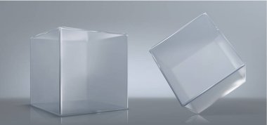 Cam küp, şeffaf kare kutu veya sergi podyumu, parlak geometrik nesne, gerçekçi 3d vektör illüstrasyonu