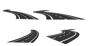 Beyaz işaretli dolambaçlı yollar. Vektör illüstrasyonu beyaz arkaplanda izole edildi. 