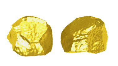 Beyaz zemin üzerine kurulmuş 3D çizimler yakın plan, altın külçeleri koleksiyonu, sarı metal örnekleri doku, altın madeni, altın cevheri, parlak altın topaklar, kaba doğal altın kütleleri