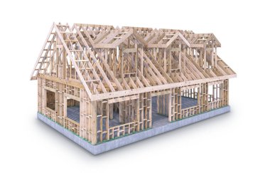 Çerçeve ahşap ev izole. 3d illüstrasyon