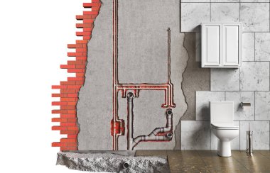 Duvarda su tesisatı var. Duvar katmanlarına bak. 3d illüstrasyon