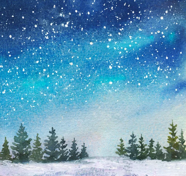 水彩画画的冬季风景与雪 云杉树 蓝色的夜空 — 图库照片