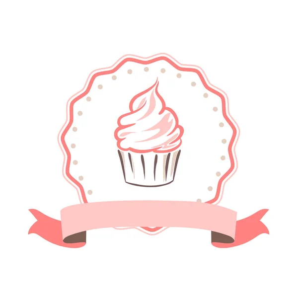 Roze Cupcake Met Lint Strik Logo Wit — Stockvector