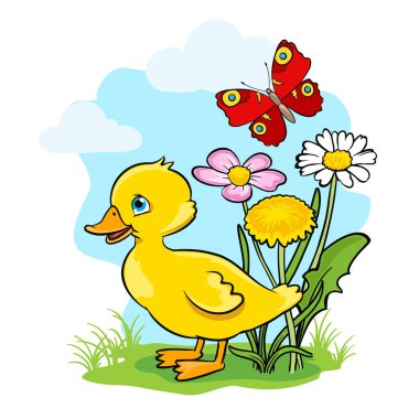 Cartoon little duck with grass, flowers, butterfly, sky, clouds. Happy yellow duckling vector illustration