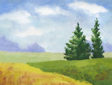 Peaceful summer watercolor landscape with green grass, green trees, clouds on blue sky, rural scene, countryside nature illustration