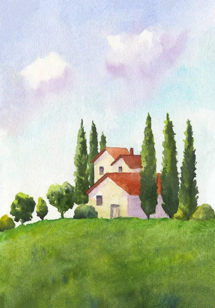 Watercolor Illustration House Cypress Trees Peaceful Countryside Landscape Green Grass — Stockfoto