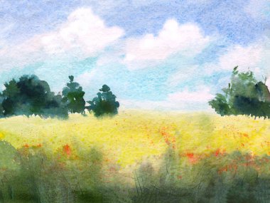 Abstract watercolor landscape with yellow field, wild flowers and trees, hand drawn abstract illustration