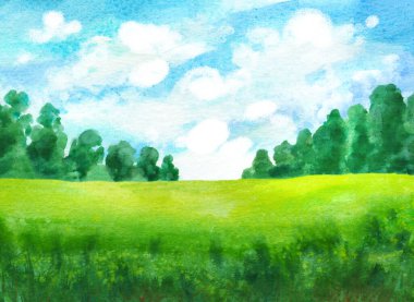 Watercolor abstract landscape with green field and trees, bright colors childish style of illustration