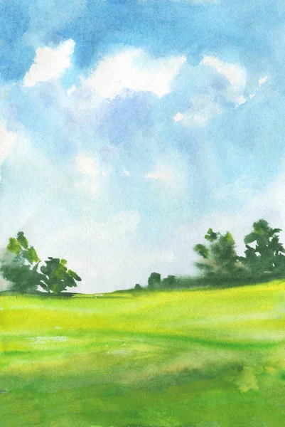 Watercolor Illustration Green Field Bright Blue Sky Made Abstract Brush — Foto Stock
