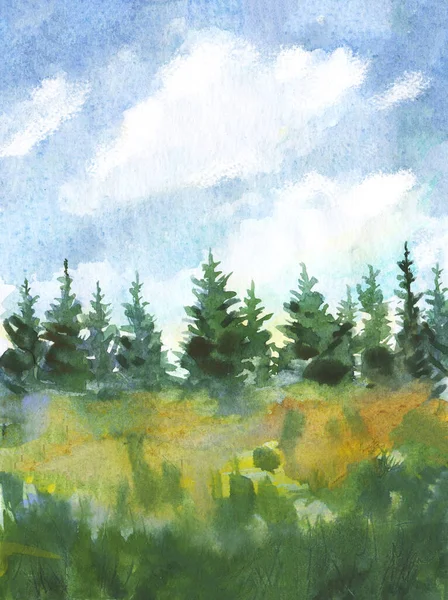 hand drawn watercolor illustration with spruce trees made of abstract brush strokes, vertical nature landscape