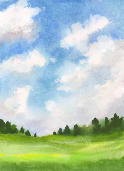 摘要水彩画描绘了蓝天 青草和遥远树木上浮云的垂直景观 — 图库照片