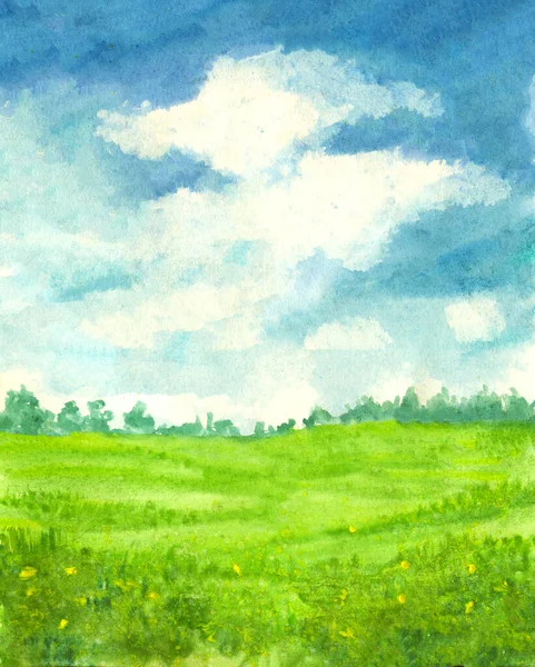 Abstract Aquarel Achtergrond Landschap Met Wolken Blauwe Lucht Groen Grasveld — Stockfoto