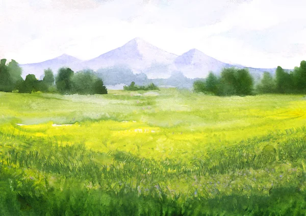 Paesaggio Acquerello Con Erba Verde Astratta Montagne Alberi Lontani Illustrazione — Foto Stock