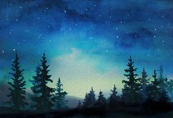水彩画云杉森林景观与夜空中的晨光 — 图库照片