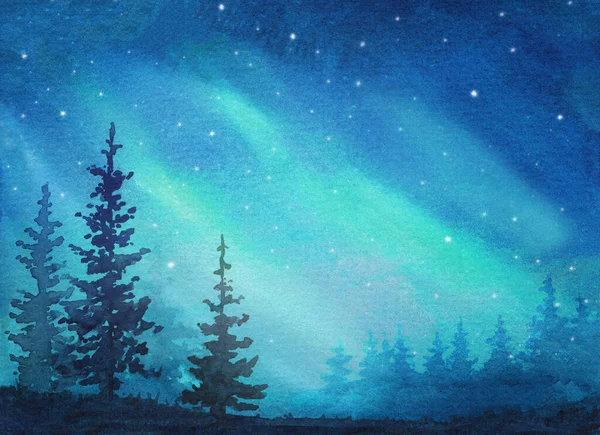 Ilustración Acuarela Pacíficos Abetos Azules Bajo Luces Septentrionales Cielo Estrellado —  Fotos de Stock