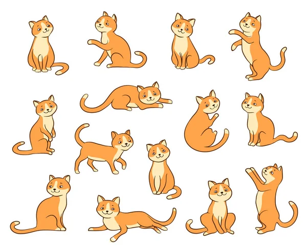 Funny Cartoon Little Cat Various Poses Vector Illustration Orange Smiling — Stock Vector