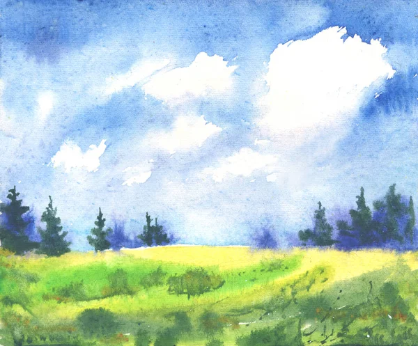 Aquarelllandschaft Mit Grünem Grasfeld Tannenbäumen Großen Wolken Blauen Sommerhimmel Handgezeichnete — Stockfoto