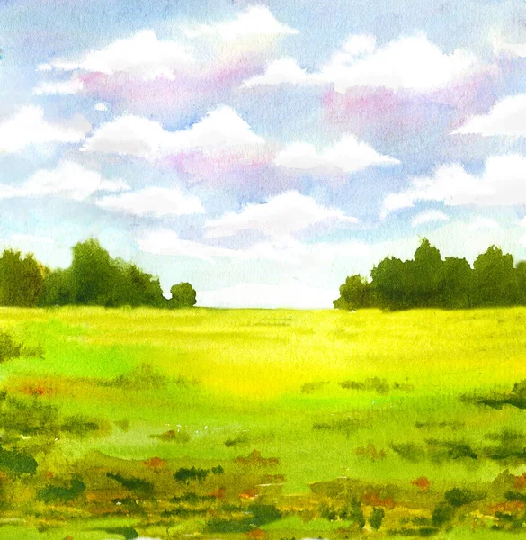 Watercolor Landscape Sky Grass Fluffy Clouds Blue Sky Trees Hand — Stock Photo, Image