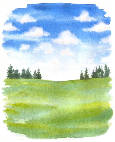 Akvarel Ilustrace Abstraktního Přírodního Pozadí Zeleným Polem Stromy Obloha Mraky — Stock fotografie