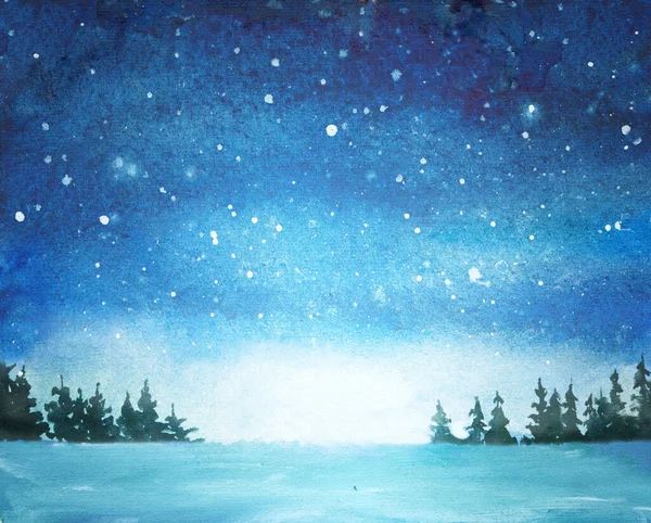 Akvarel Ilustrace Noční Oblohy Jedlemi Hvězdami Sníh Padající Modrou Oblohu — Stock fotografie