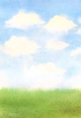 Yeşil çimenli, soyut suluboya çizimleri ve güneş ışığıyla kabarık beyaz bulutlar.