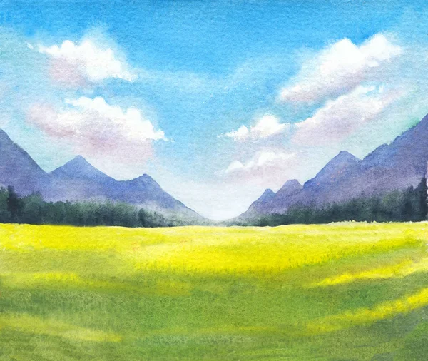 Akvarel Krajina Horami Stromy Zelená Tráva Obloha Modrými Mraky Ručně — Stock fotografie