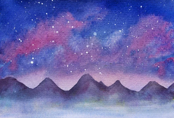Akwarelowy Krajobraz Nocnym Niebem Różowe Chmury Gwiazdy Łańcuch Górski Ręcznie — Zdjęcie stockowe