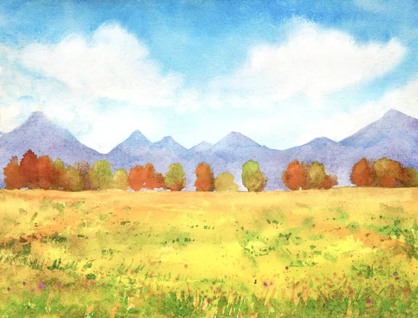 Akvarell Táj Őszi Fák Hegyek Felhők Füves Mező Kézzel Rajzolt — Stock Fotó