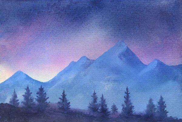 Watercolor Landscape Mountains Spruces Foreground Sunrise Sky Hand Drawn Illustration — Stock Photo, Image