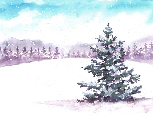 Watercolor Winter Spruce Tree Snowy Background Distant Trees Hand Drawn — Stock Photo, Image