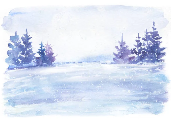 Zimowy Krajobraz Świerkami Ręcznie Rysowane Lodu Śniegu Natura Tło Ilustracja — Zdjęcie stockowe