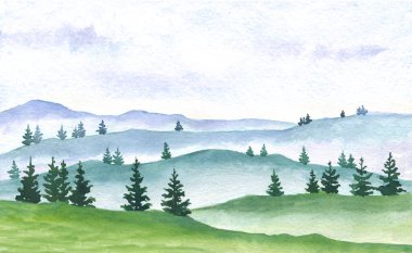 Filiz ağaçları, tepeler, sis, gökyüzü, el çizimi resimli suluboya manzara