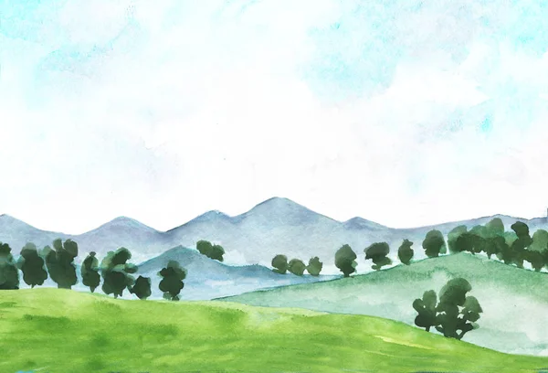 Watercolor Landscape Hills Trees Grass Fields Mountains Sky Hand Drawn — Stock Photo, Image